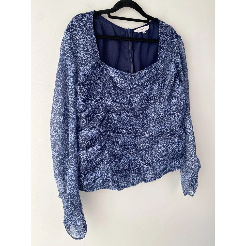 Anthropologie Ranna Gill Mylene Ruched Blouse L Navy Sheer Feminine Square Neck‎
